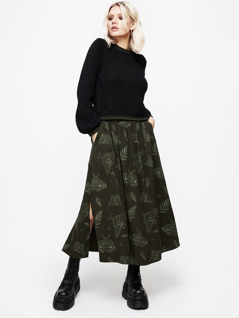 Disturbia ‘Callopistria Moth Print Midi Skirt’ in Olive Green Size 10 - Picture 5 of 16